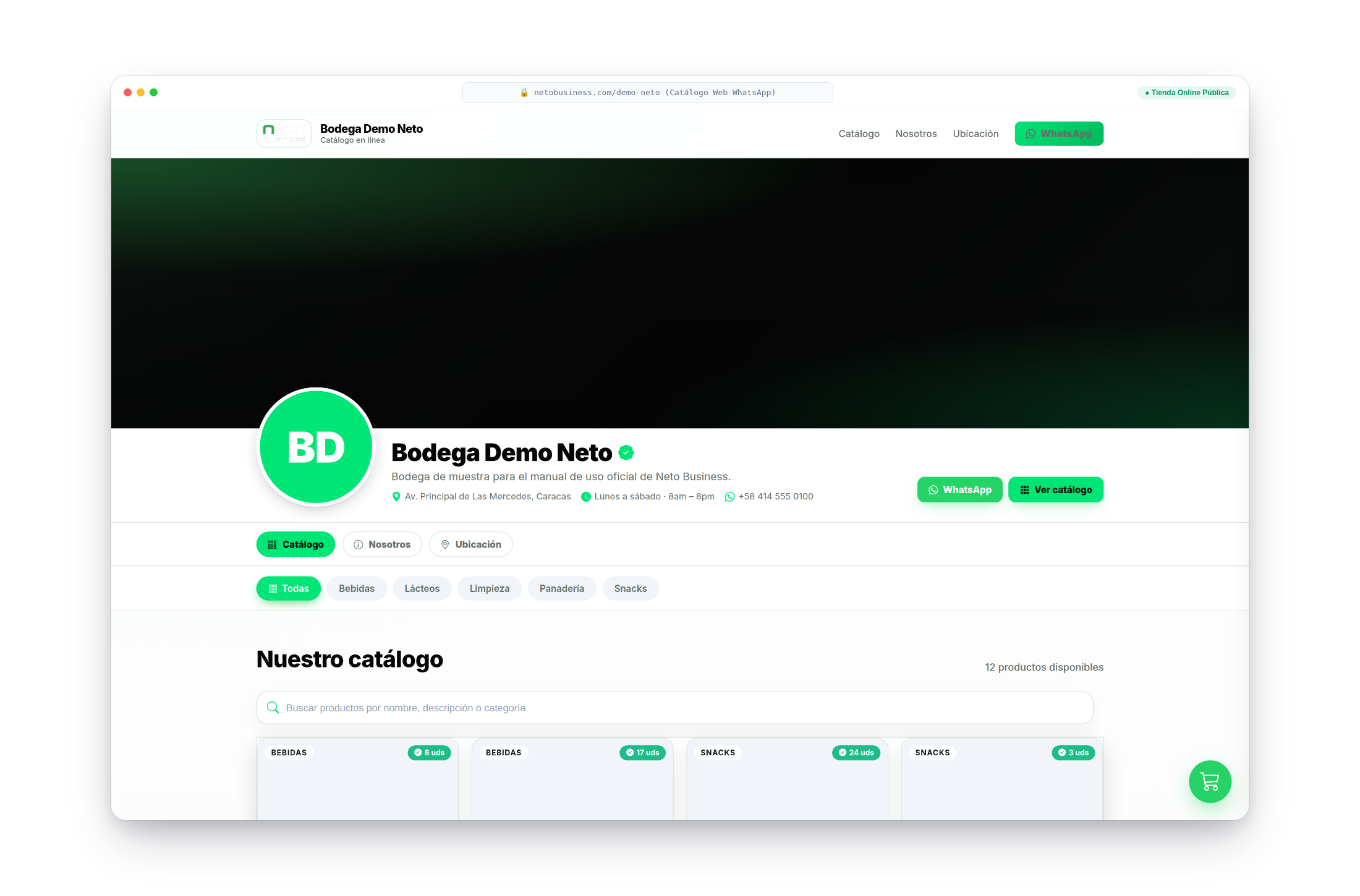 Catálogo web y tienda online pública de Neto Business para ventas por WhatsApp
